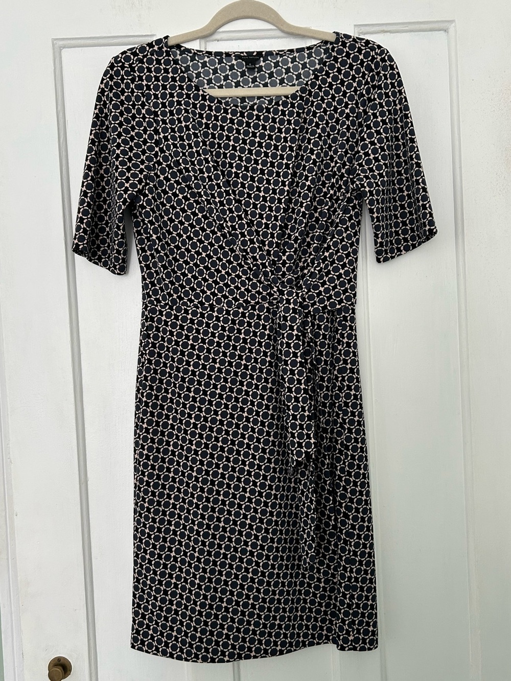 Ann Taylor Women's Small Navy Cream Circle Print Tie Waist Dress